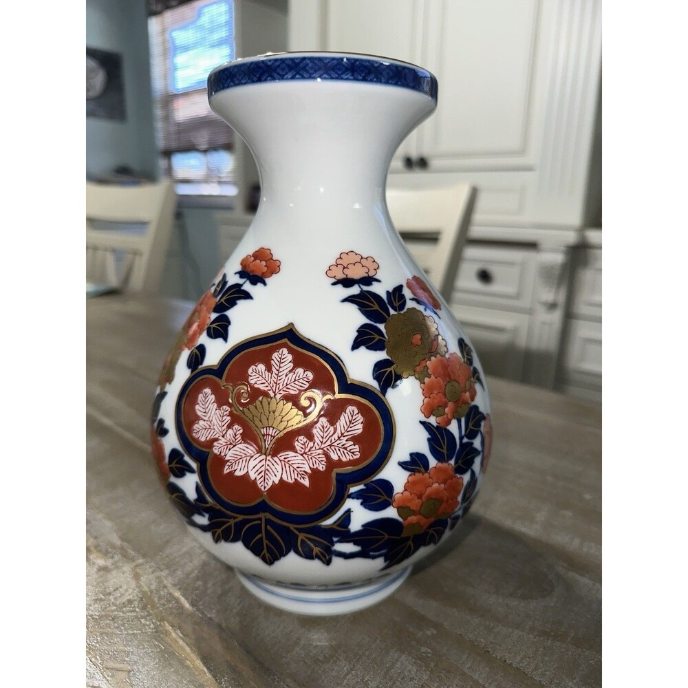 Japanese Gold Imari Floral Print Handpainted Vase 9.5" Vintage With Og Sticker